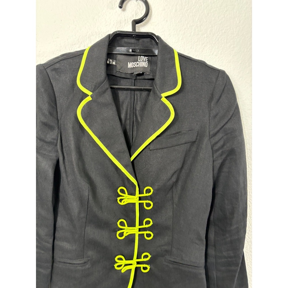 Love Moschino Blazer Womens 2 Black Neon Piping Military Linen Jacket Hooks - Picture 4 of 11